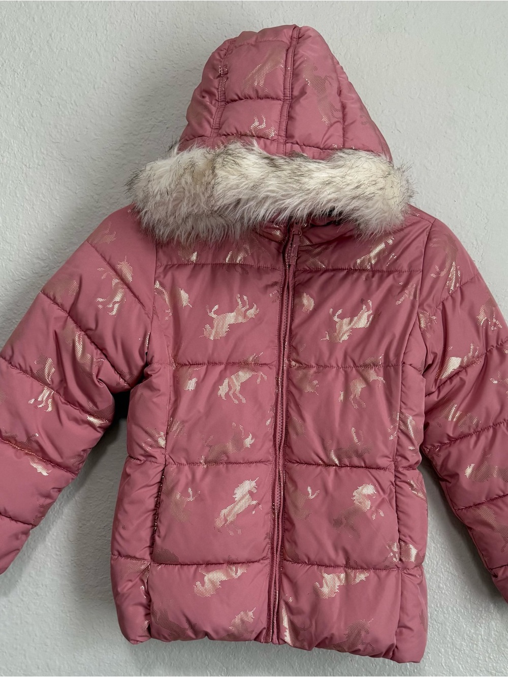 Place Rose Pink Faux-Fur Hooded Puffer with Metallic Accents